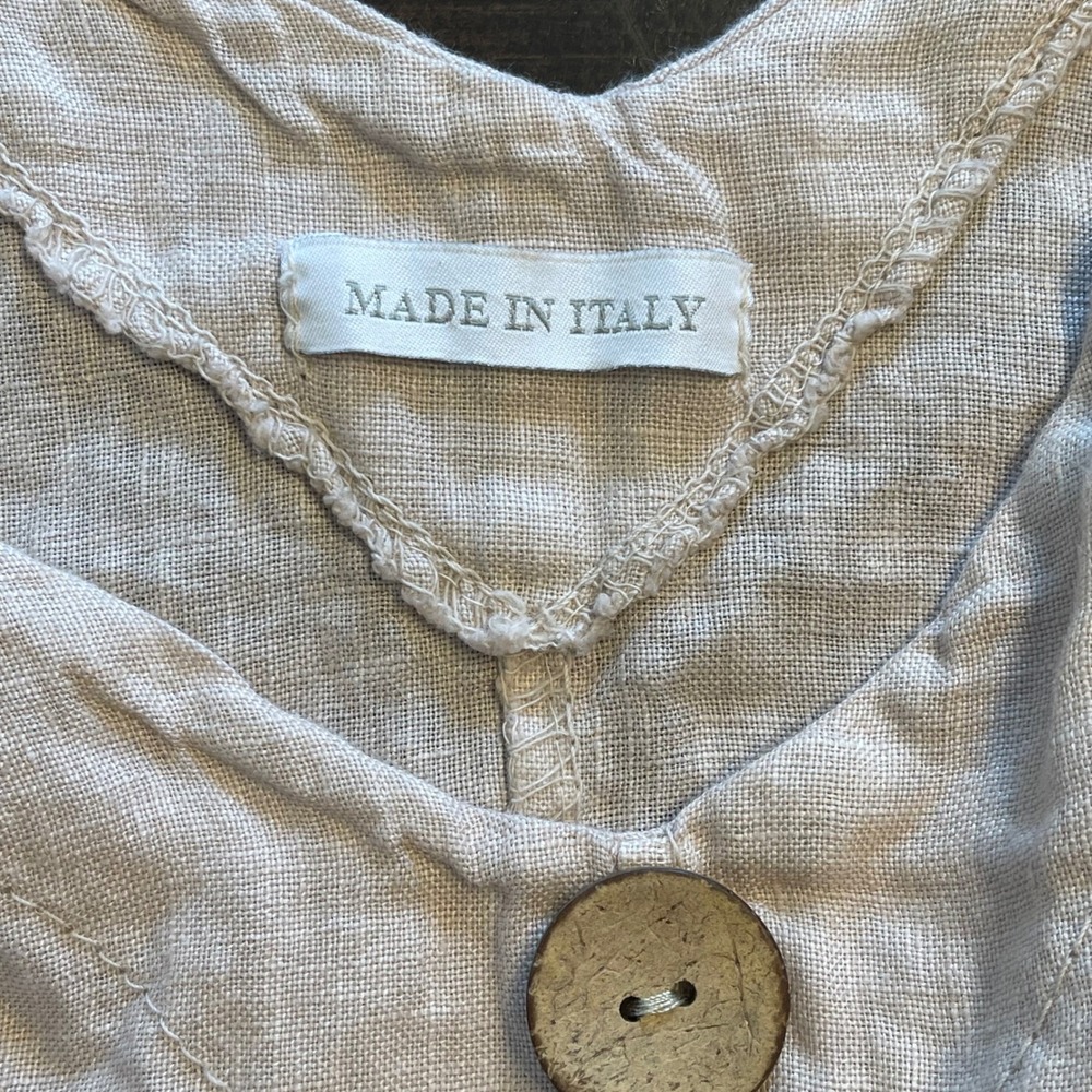 Made in Italy Linen Lagenlook Midi Dress Beige V-Neck Handkerchief Hem S/M - Picture 3 of 8